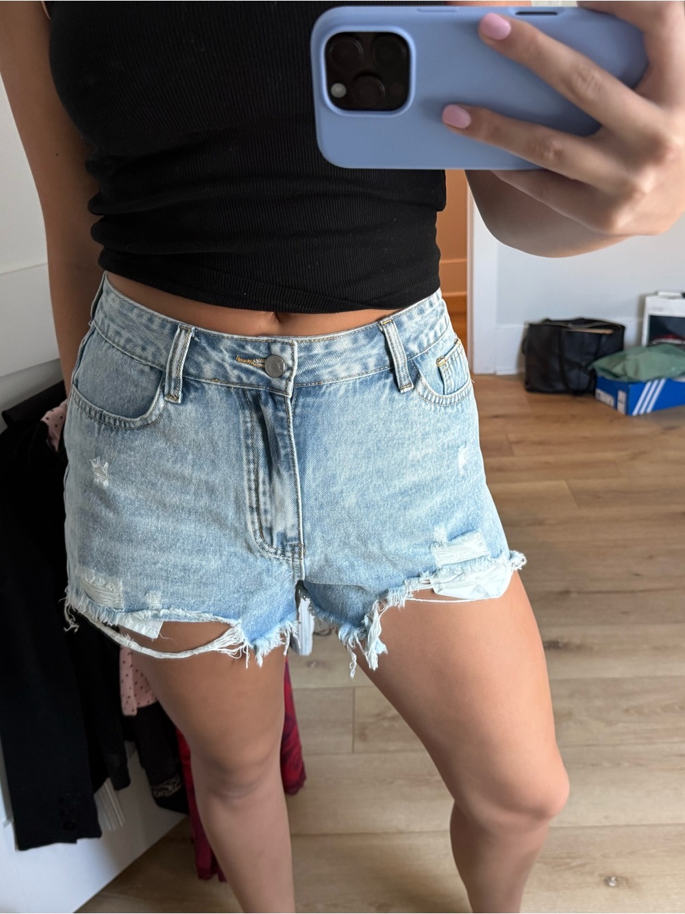 Light Blue Distressed Denim Shorts - Women's Summer Cutoffs
